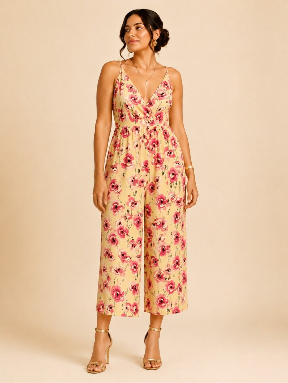 Floral V-Neck Wide-Leg Jumpsuit in Yellow